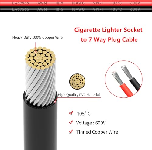 ELFCULB 7 Way Trailer Plug to Cigarette Lighter Socket, 12AWG 12V Female Cigarette Lighter 7 Pin Connector to for RV Truck Trailer(2FT) - Image 4