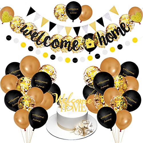 BANBALLON Welcome Home Banner And Cake Topper Decorations Gold Black Glitter Dot Circle Garland Triangle Flag Banner Welcome Balloons For Welcome Back Party Housewarming Party Supplies - Image 1