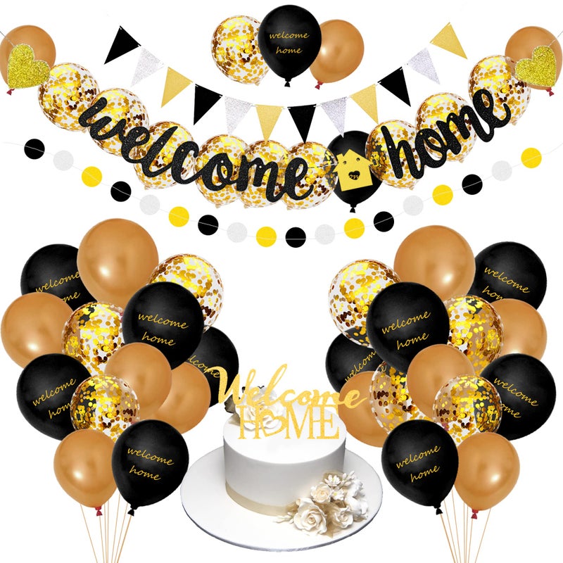 BANBALLON Welcome Home Banner And Cake Topper Decorations Gold Black Glitter Dot Circle Garland Triangle Flag Banner Welcome Balloons For Welcome Back Party Housewarming Party Supplies - Image 3