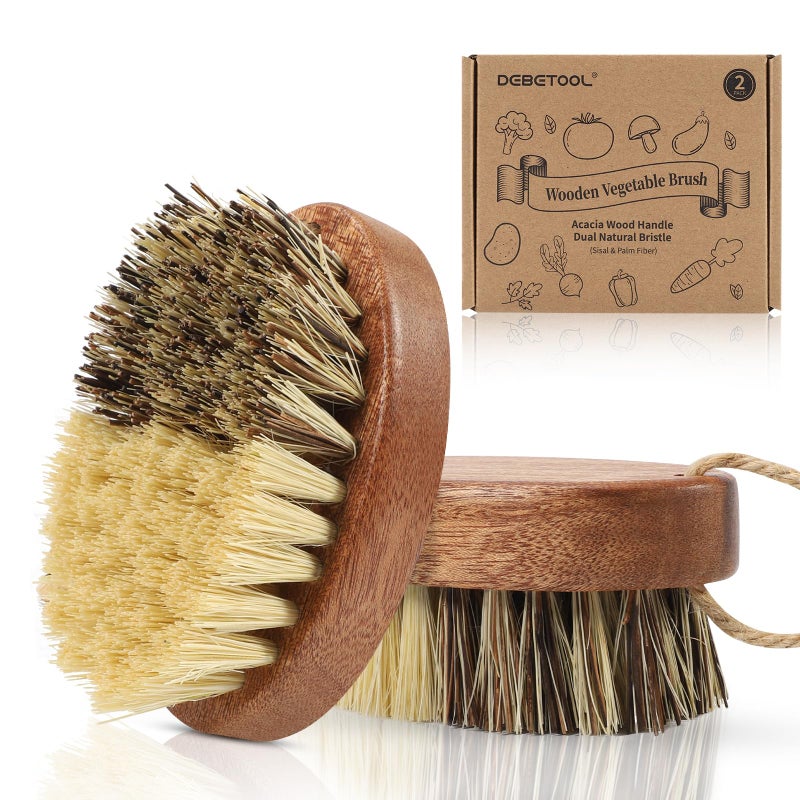 DEBETOOL 2 Pack Wooden Vegetable Brush Scrubber for Food - Dual Bristle Potato Brush Scrubber with Hanging Rope | Natural Compostable Kitchen Vegetable Scrubber for Potatoes, Carrots, Fruits - Image 1