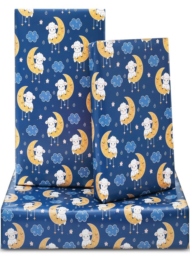 NEPOG Sheep Lamb Wrapping Paper, Blue Eid al-Fitr Al-Adha Mubarak Sheep Lamb on Moons Sweet Design With Stars Wrapping Paper 6 Sheets Folded Flat 20x28 inches per Sheet for Kids Islam Ramadan Holiday Party - Image 1