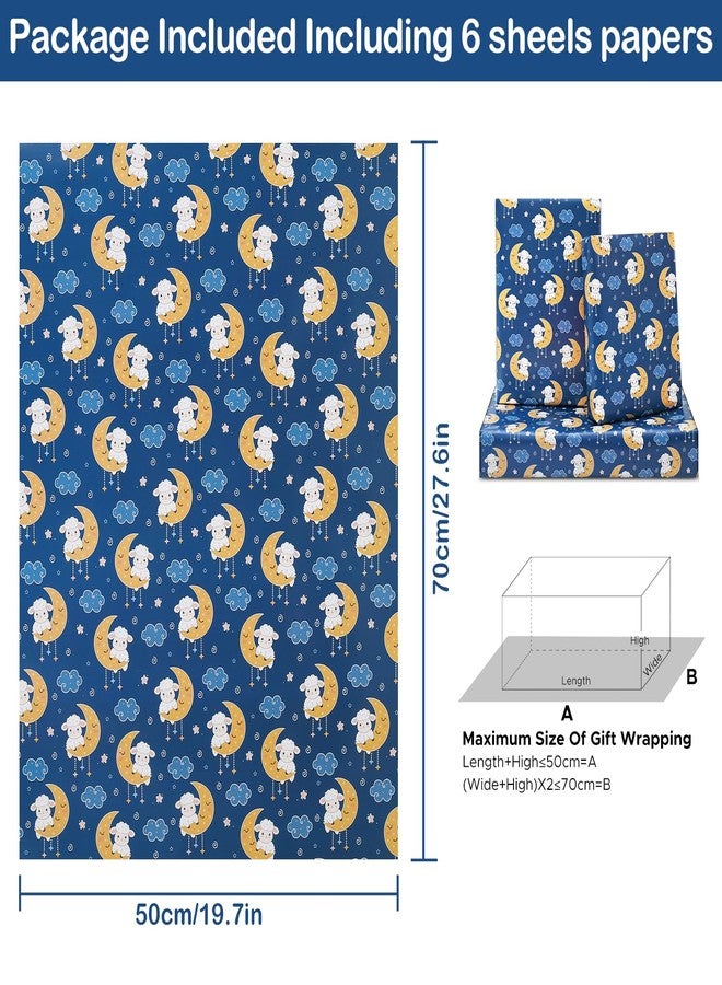 NEPOG Sheep Lamb Wrapping Paper, Blue Eid al-Fitr Al-Adha Mubarak Sheep Lamb on Moons Sweet Design With Stars Wrapping Paper 6 Sheets Folded Flat 20x28 inches per Sheet for Kids Islam Ramadan Holiday Party - Image 2