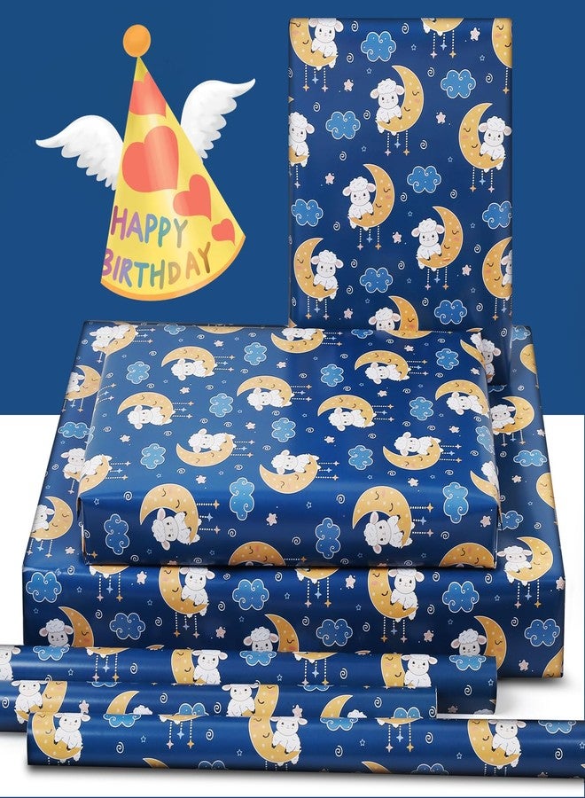 NEPOG Sheep Lamb Wrapping Paper, Blue Eid al-Fitr Al-Adha Mubarak Sheep Lamb on Moons Sweet Design With Stars Wrapping Paper 6 Sheets Folded Flat 20x28 inches per Sheet for Kids Islam Ramadan Holiday Party - Image 3