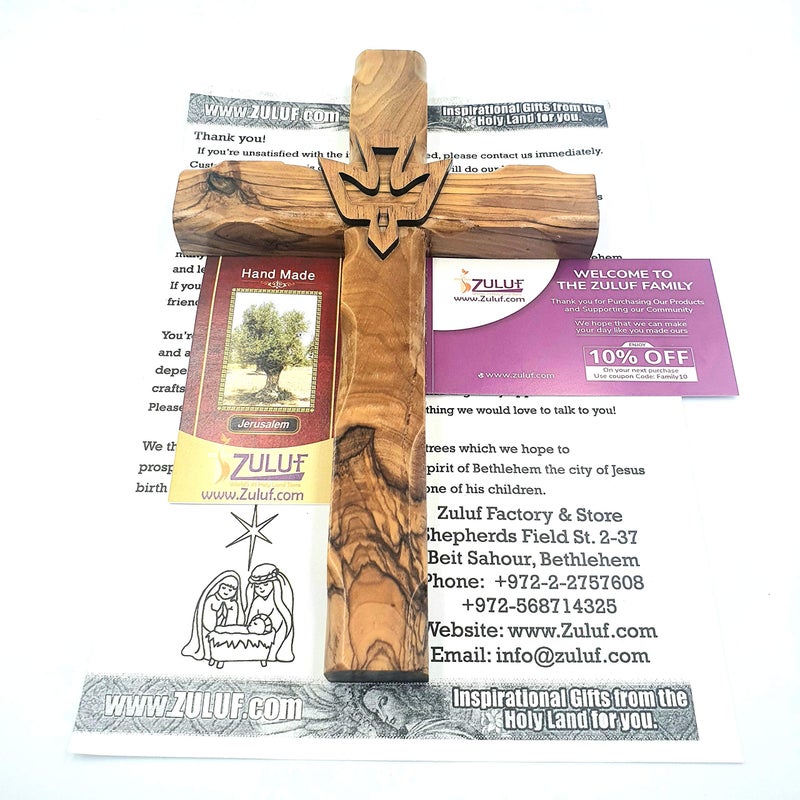 Zuluf Wall Hanging Hand Carved Olive Wood Dove Christian Cross Jerusalem Holy Spirit & Certificate For Bedroom Kids Room Wall Decor Christmas New Year Wedding Birthday | 20cm / 7.8"" | CRS019 - Image 5