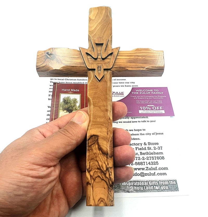 Zuluf Wall Hanging Hand Carved Olive Wood Dove Christian Cross Jerusalem Holy Spirit & Certificate For Bedroom Kids Room Wall Decor Christmas New Year Wedding Birthday | 20cm / 7.8"" | CRS019 - Image 4