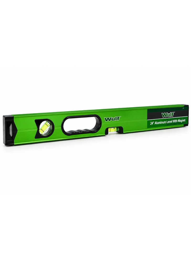 WULF 24 Inch Aluminum Level with Magnet, Heavy Duty Magnetic Spirit Level with Precision Bubble Vials for Construction, Carpentry, Framing, Installation & DIY Measuring Work - Image 1