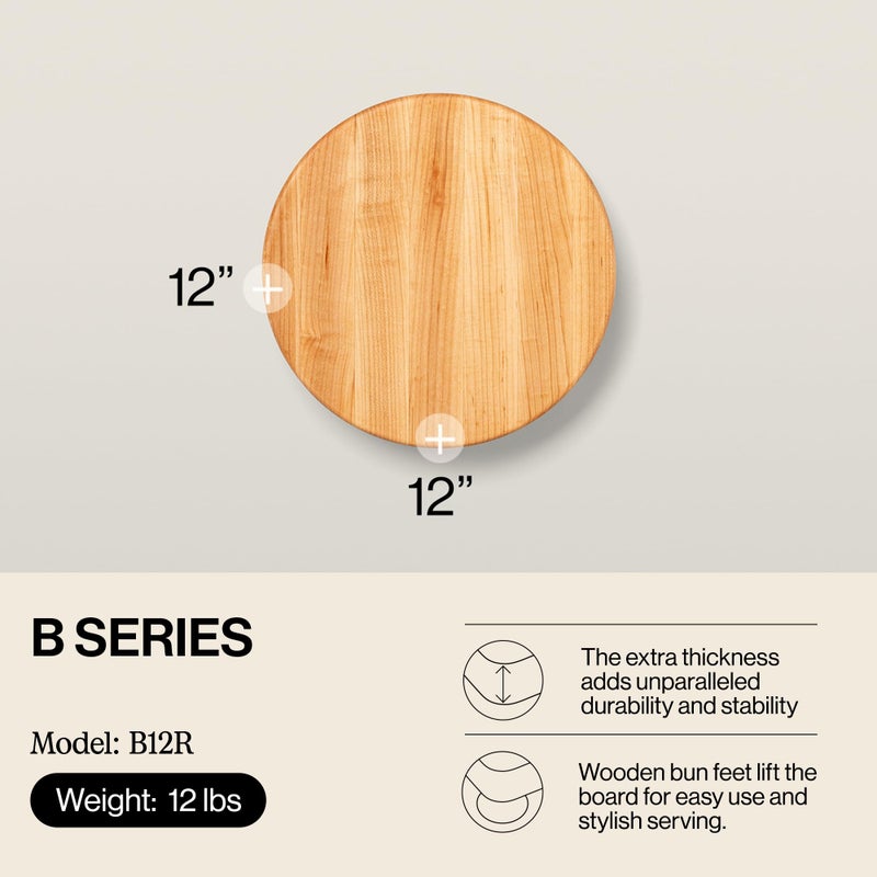 John Boos B Series Round Wooden Maple Cutting Board 12â€x12â€ â€“ 1.5â€ Thick, 12-lb Non-Reversible Butcher Block with Wood Bun Feet & Edge-Grain - Image 2