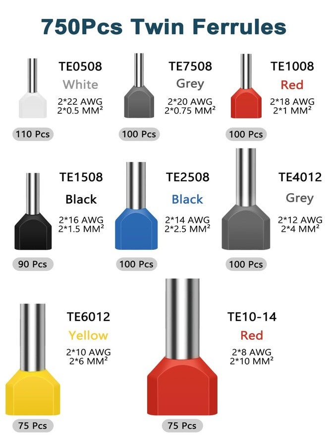 Lytool Twin Wire End Ferrules Set 0.5 - 10 mm², 750 Pieces Twin Wire End Ferrules Set with Wire Sleeve Box, Double Wire End Ferrules Insulated Wire Ferrules Cable End Ferrules for Wire Connection - Image 2