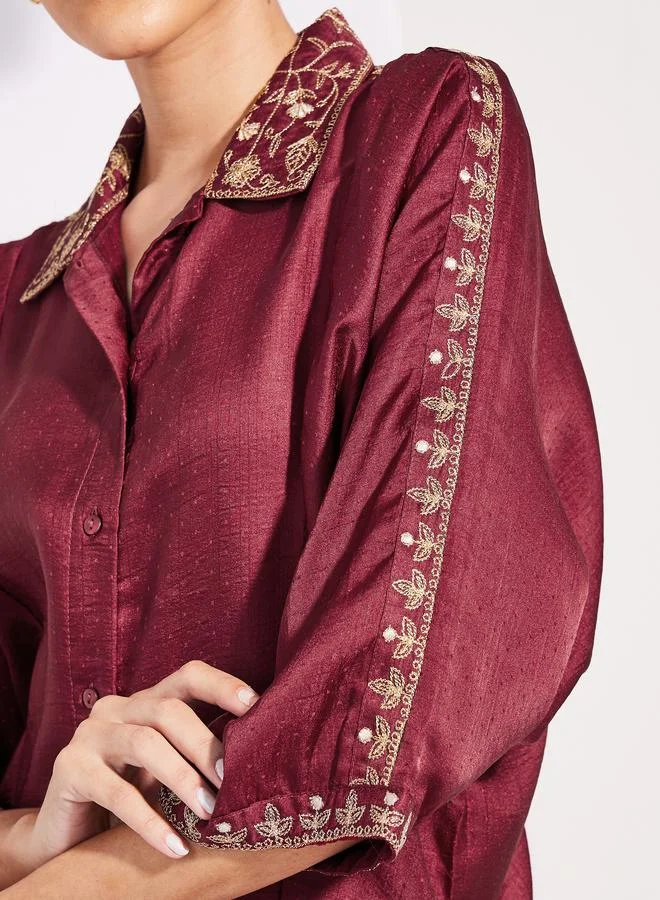 Styli Embroidered Trim 3/4 Sleeves Shirt & Pants Co-Ords