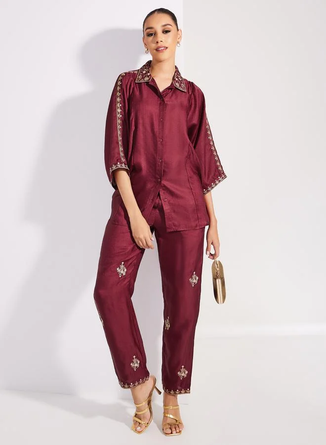 Styli Embroidered Trim 3/4 Sleeves Shirt & Pants Co-Ords