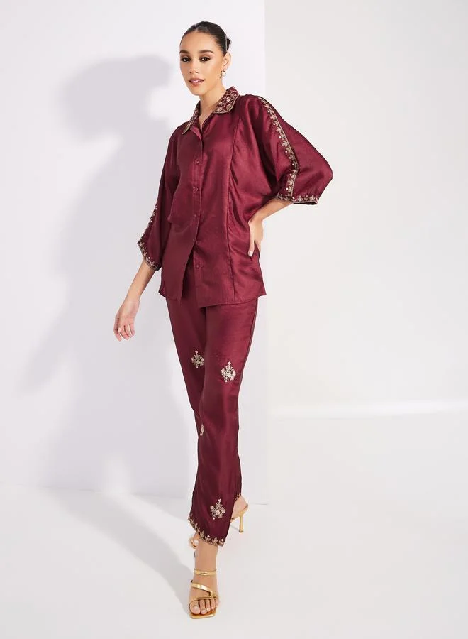 Styli Embroidered Trim 3/4 Sleeves Shirt & Pants Co-Ords