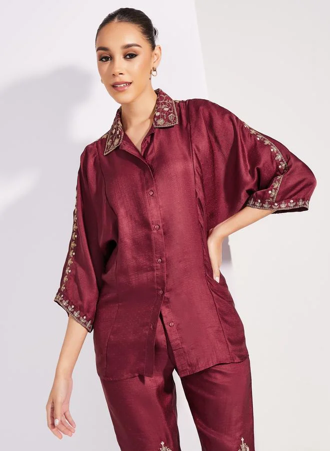 Styli Embroidered Trim 3/4 Sleeves Shirt & Pants Co-Ords