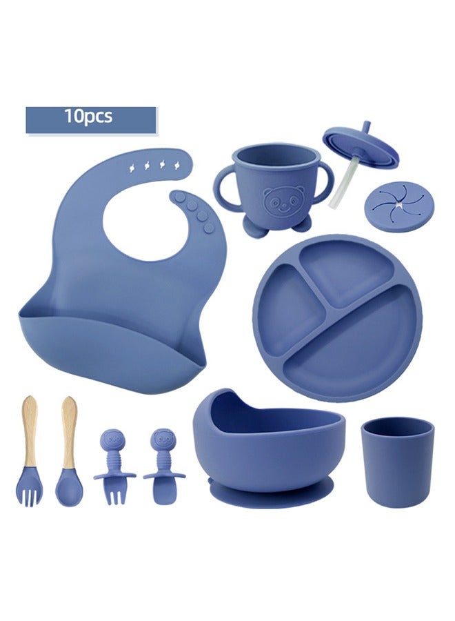 Premium Navy 10 Piece Weaning Feeding Supplies for Toddlers! Bib+Plate+Suction Silicone Baby Bowls! Self Eating Utensils Set with Spoons, Bibs, Plate, Toddlers Spoon Set! Set of 10! - Image 1