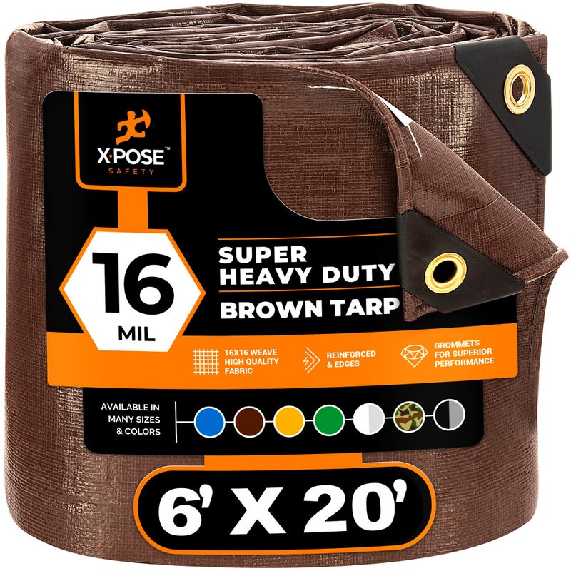 6 x 20 Super Heavy Duty 16 Mil Brown Poly Tarp Cover  Thick Waterproof UV Resistant Rip and Tear Proof Tarpaulin with Grommets and Reinforced Edges  by Xpose Safety