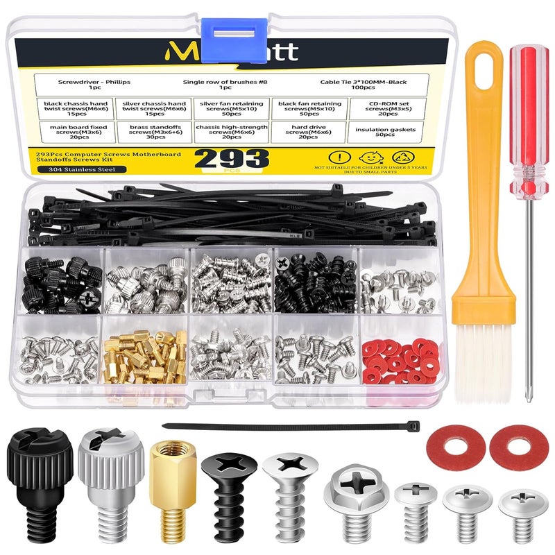 Mardatt 293Pcs Computer Screws Kit - Motherboard Standoffs for Universal PC, Laptop, HDD, SSD, Hard Drive, Case, Fan, CD-ROM - Image 1