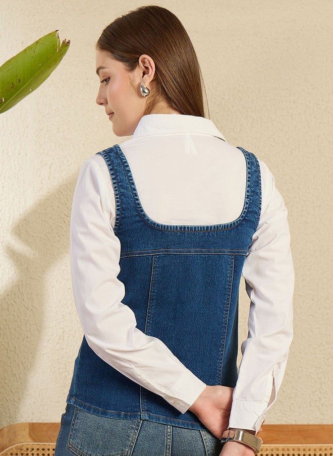 StyleStone توب كورسيه دنيم قطن أزرق من ستايل ستون مع قميص ملحق - Image 5