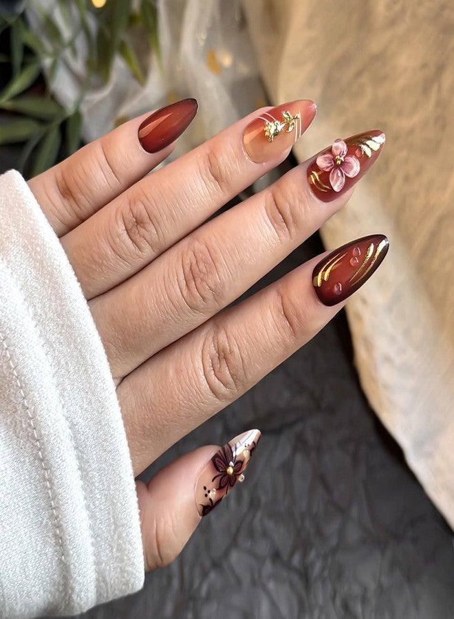 KZBTRBT 24Pcs Luxury Handmade Nails Kit 3D Flower Almond Press on Nails Medium Almond Brown with 3D Gold Beads Carved Floral Nails Designs Reusable Acrylic False Nails for Women - Image 3