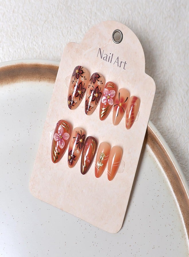 KZBTRBT 24Pcs Luxury Handmade Nails Kit 3D Flower Almond Press on Nails Medium Almond Brown with 3D Gold Beads Carved Floral Nails Designs Reusable Acrylic False Nails for Women - Image 4