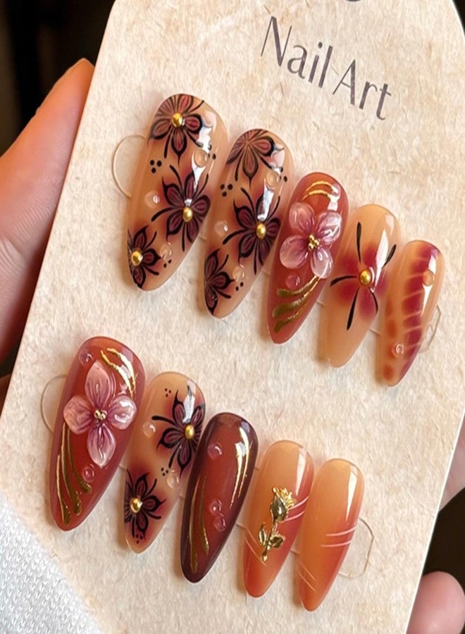 KZBTRBT 24Pcs Luxury Handmade Nails Kit 3D Flower Almond Press on Nails Medium Almond Brown with 3D Gold Beads Carved Floral Nails Designs Reusable Acrylic False Nails for Women - Image 1