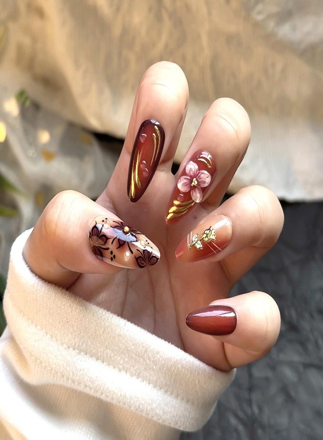 KZBTRBT 24Pcs Luxury Handmade Nails Kit 3D Flower Almond Press on Nails Medium Almond Brown with 3D Gold Beads Carved Floral Nails Designs Reusable Acrylic False Nails for Women - Image 2