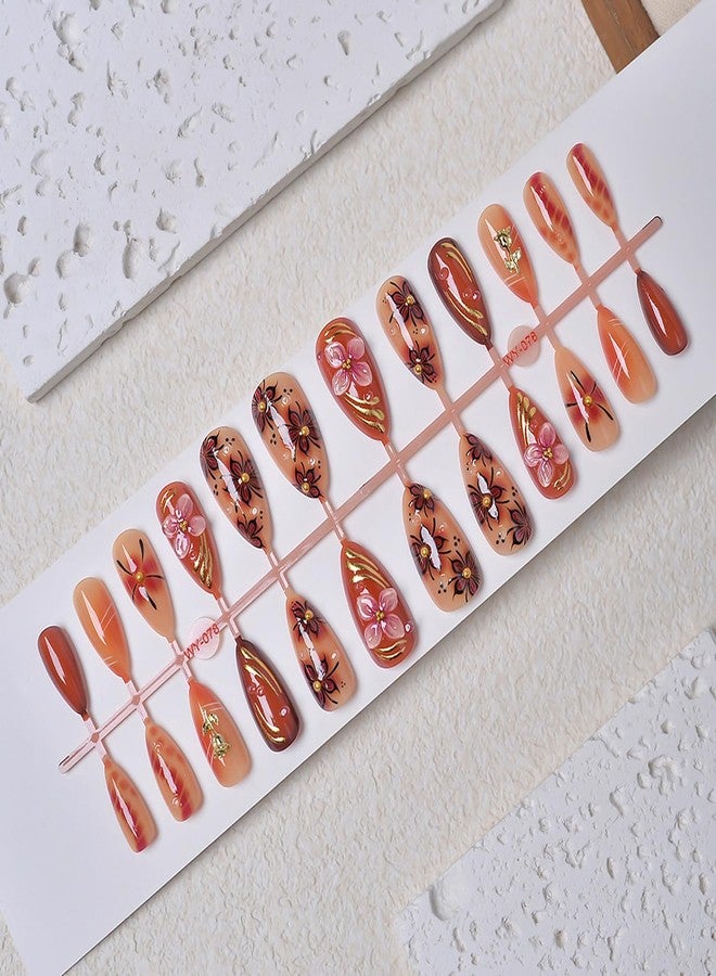 KZBTRBT 24Pcs Luxury Handmade Nails Kit 3D Flower Almond Press on Nails Medium Almond Brown with 3D Gold Beads Carved Floral Nails Designs Reusable Acrylic False Nails for Women - Image 5