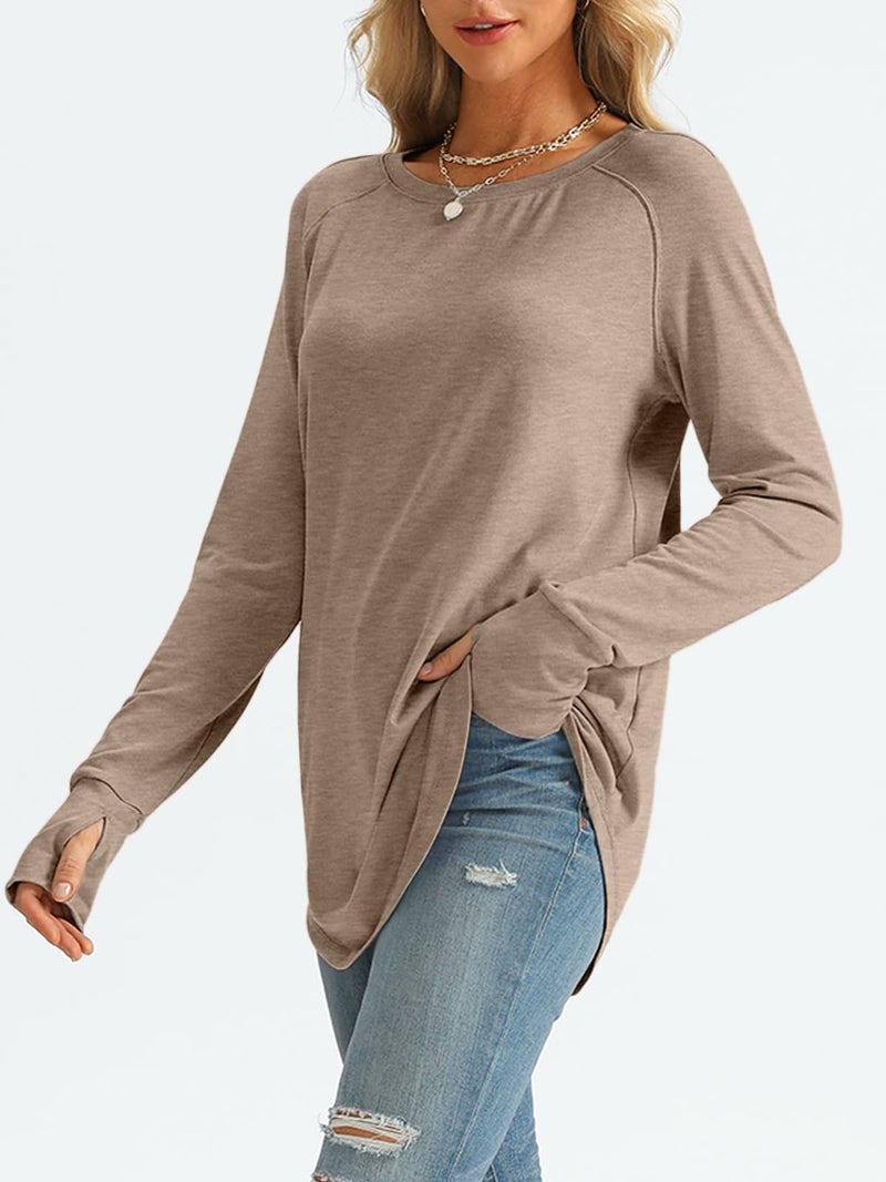 AUTOMET Womens Long Sleeve Shirts Crew Neck Casual Tshirts Fall Fashion Tops Loose Fit Lightweight Y2k Outfits Clothes Khaki S - Image 4