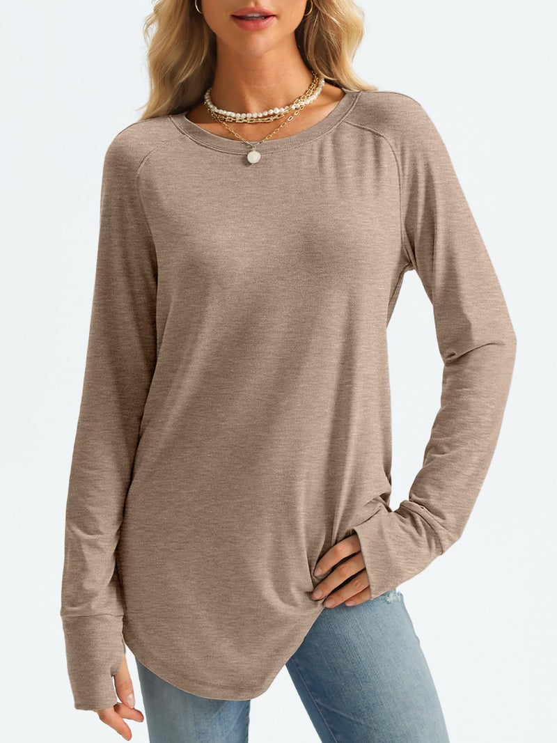 AUTOMET Womens Long Sleeve Shirts Crew Neck Casual Tshirts Fall Fashion Tops Loose Fit Lightweight Y2k Outfits Clothes Khaki S - Image 2