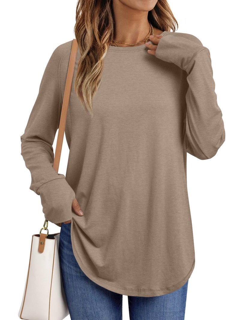 AUTOMET Womens Long Sleeve Shirts Crew Neck Casual Tshirts Fall Fashion Tops Loose Fit Lightweight Y2k Outfits Clothes Khaki S - Image 1