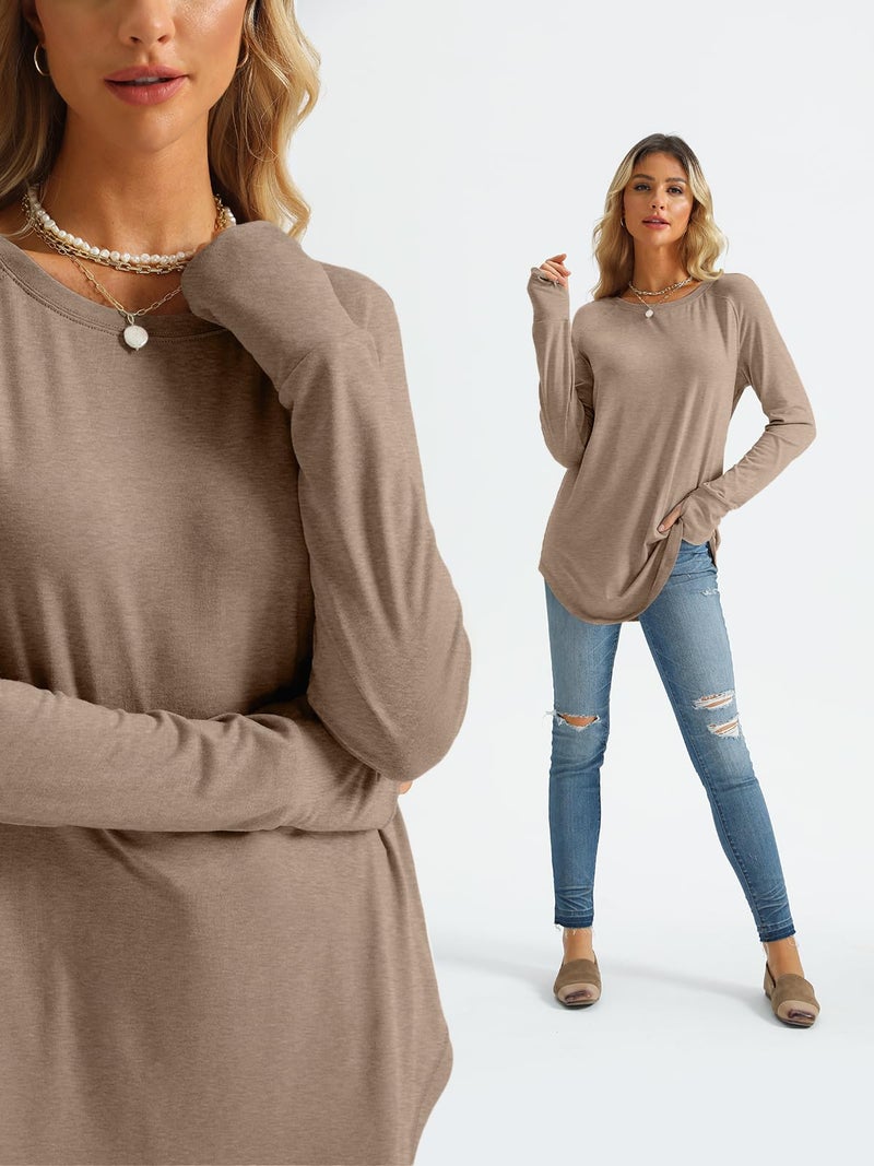AUTOMET Womens Long Sleeve Shirts Crew Neck Casual Tshirts Fall Fashion Tops Loose Fit Lightweight Y2k Outfits Clothes Khaki S - Image 3