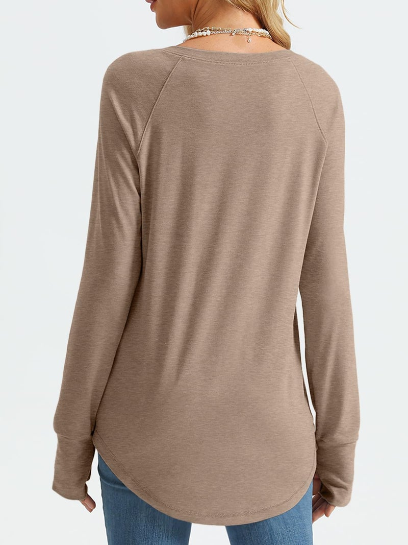 AUTOMET Womens Long Sleeve Shirts Crew Neck Casual Tshirts Fall Fashion Tops Loose Fit Lightweight Y2k Outfits Clothes Khaki S - Image 5