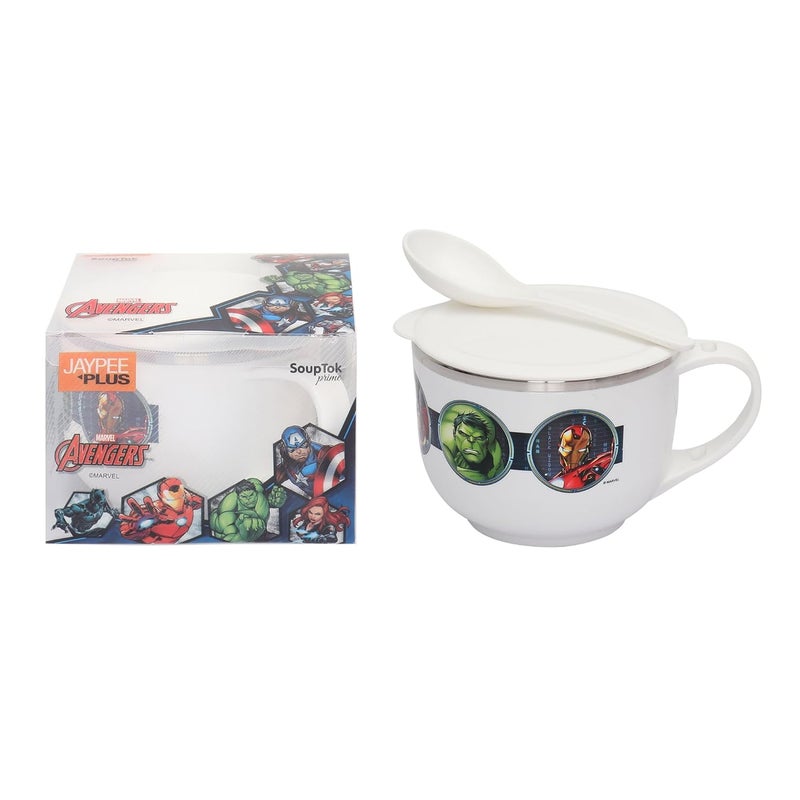 JAYPEE PLUS وعاء حساء سوفتوك برايم من الفولاذ المقاوم للصدأ مزخرف بشخصيات ديزني مع غطاء وملعقة، وعاء أفنجرز ماغي، نودلز، باستا، أفضل هدية ديوالي، هدية عيد ميلاد للبنات والأولاد، أبيض، 700 مل - Image 5