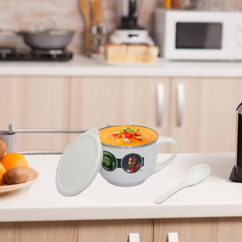 JAYPEE PLUS وعاء حساء سوفتوك برايم من الفولاذ المقاوم للصدأ مزخرف بشخصيات ديزني مع غطاء وملعقة، وعاء أفنجرز ماغي، نودلز، باستا، أفضل هدية ديوالي، هدية عيد ميلاد للبنات والأولاد، أبيض، 700 مل - Image 3