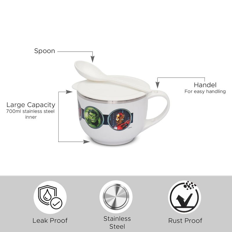 JAYPEE PLUS وعاء حساء سوفتوك برايم من الفولاذ المقاوم للصدأ مزخرف بشخصيات ديزني مع غطاء وملعقة، وعاء أفنجرز ماغي، نودلز، باستا، أفضل هدية ديوالي، هدية عيد ميلاد للبنات والأولاد، أبيض، 700 مل - Image 2