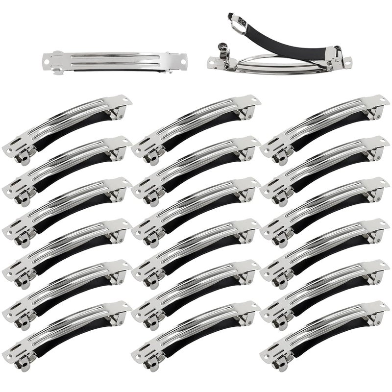 Cinaci 20 Pack 8cm3 Simple Plain Blank DIY Caft Silver Metal French Hair Barrettes with Black Leather Cover Snap Hair Clips Clasps for Women Girls Teens Hair Accessories 3 Inch