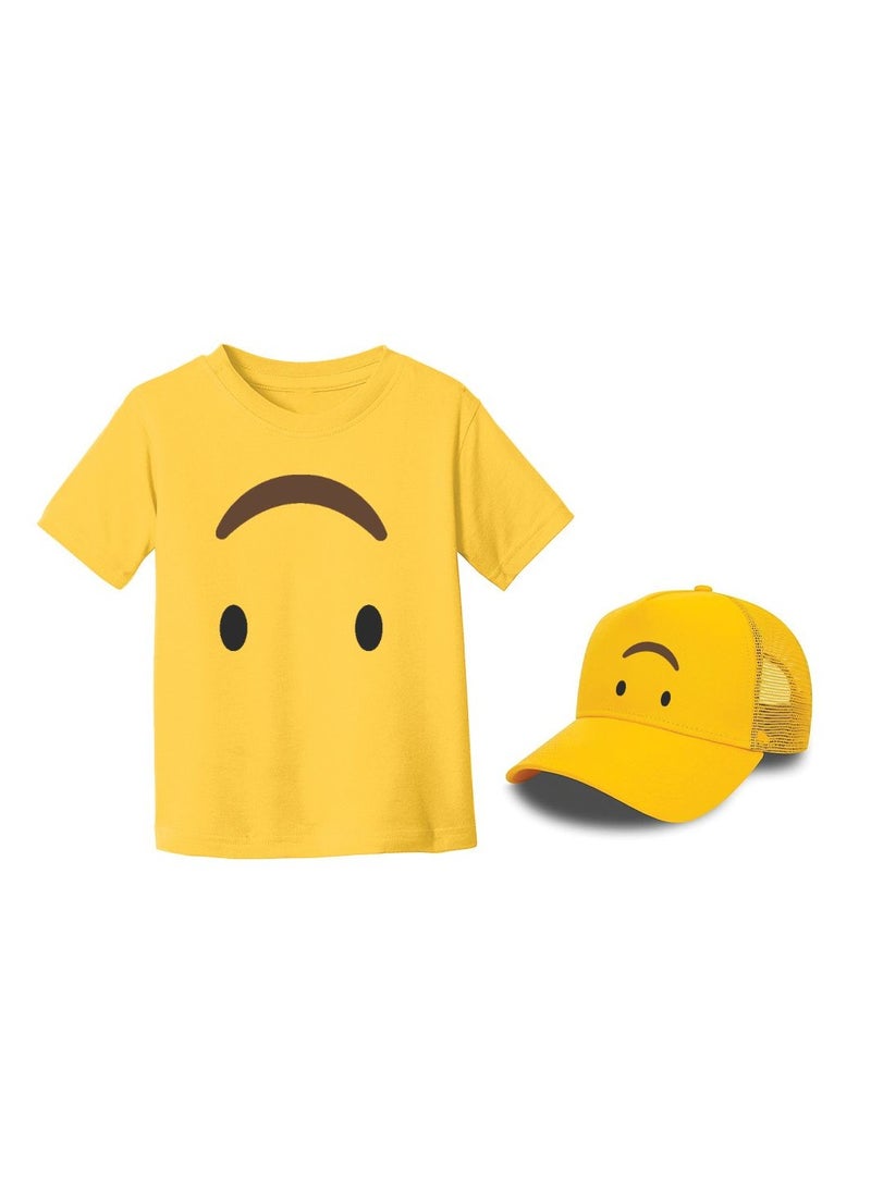 PRINTSHOP4ME - Kids Yellow Smiley Face Pack Of 2 T-Shirt And Cap Combo–Unisex Round Neck Short Sleeve Cotton T-Shirt - Image 1