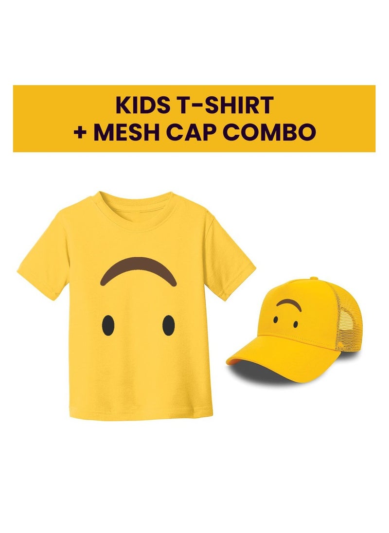 PRINTSHOP4ME - Kids Yellow Smiley Face Pack Of 2 T-Shirt And Cap Combo–Unisex Round Neck Short Sleeve Cotton T-Shirt - Image 1