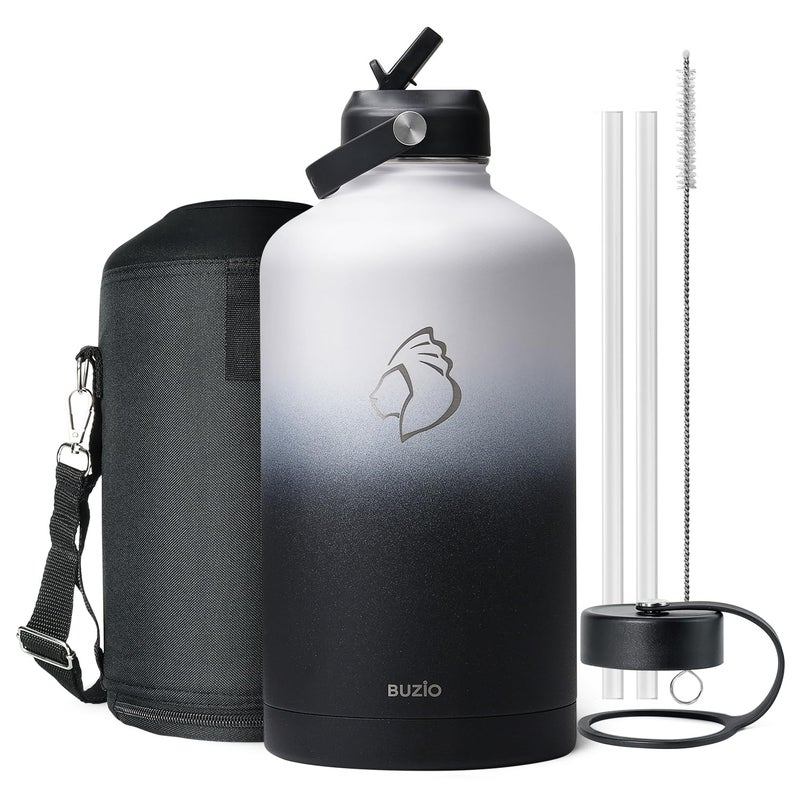 BUZIO BUZIO 1 Gallon Water Bottle  128oz Insulated Water Jug Double Walled Vacuum Stainless Steel Travel Flask (Cold for 48 Hrs)  Leak Proof BPA-Free Large Canteen with Straw Lid  Black White  - Image 1