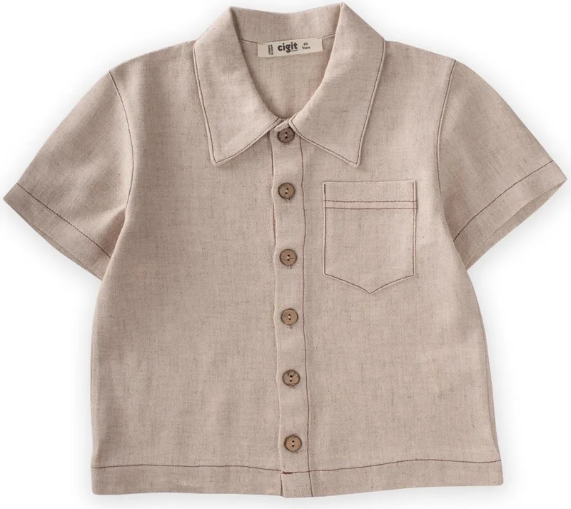 Cigit Short Sleeve Linen Shirt Natural