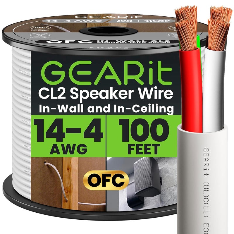 GearIT 14/4 Speaker Wire (100 Feet) 14AWG Gauge - Fire Safety in Wall Rated Audio Speaker Wire Cable / CL2 Rated / 4 Conductors - OFC Oxygen-Free Copper, White 100ft - Image 1