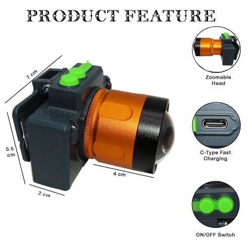 RENMAX Bright Head Mount Torch LED Power Zoom Waterproof Rechargeable 5-10 Hours Battery Backup Blinker Metal Spotlight for Cycling Camping Caving Hiking Hunting Trekking - 1Pc - Image 2