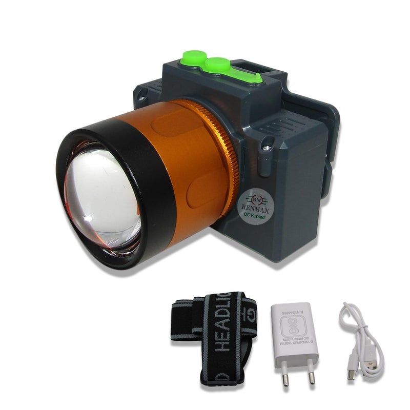 RENMAX Bright Head Mount Torch LED Power Zoom Waterproof Rechargeable 5-10 Hours Battery Backup Blinker Metal Spotlight for Cycling Camping Caving Hiking Hunting Trekking - 1Pc - Image 5