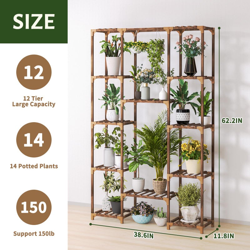Uneedem Tall Indoor Outdoor Plant Stand - Large 12 Tier Plant Rack with Wooden Shelves for Room, Balcony, Garden, Patio - Image 4
