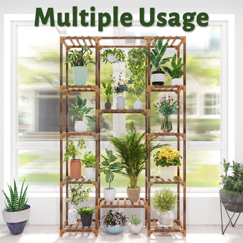 Uneedem Tall Indoor Outdoor Plant Stand - Large 12 Tier Plant Rack with Wooden Shelves for Room, Balcony, Garden, Patio - Image 5