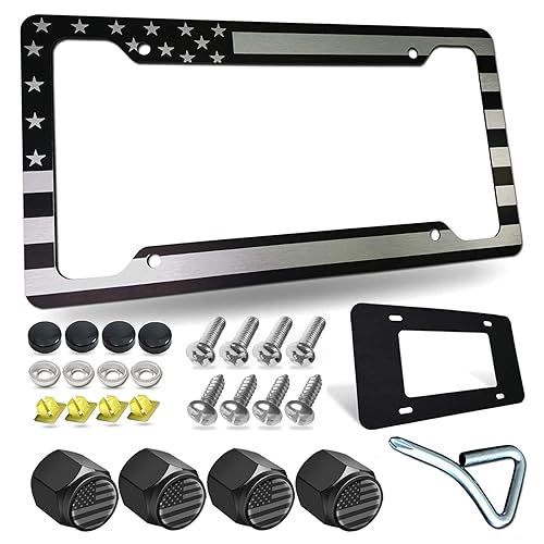 FBJTDQ Tuersan American Flag License Plate Frame Patriotic USA Flag Car Tag Cover, Rust Rattle Proof Aluminum Holder with Mounting Hardware Kit,Rust Resistant Screws Bolts,Black Caps, Tire Valve Stem Caps - Image 1
