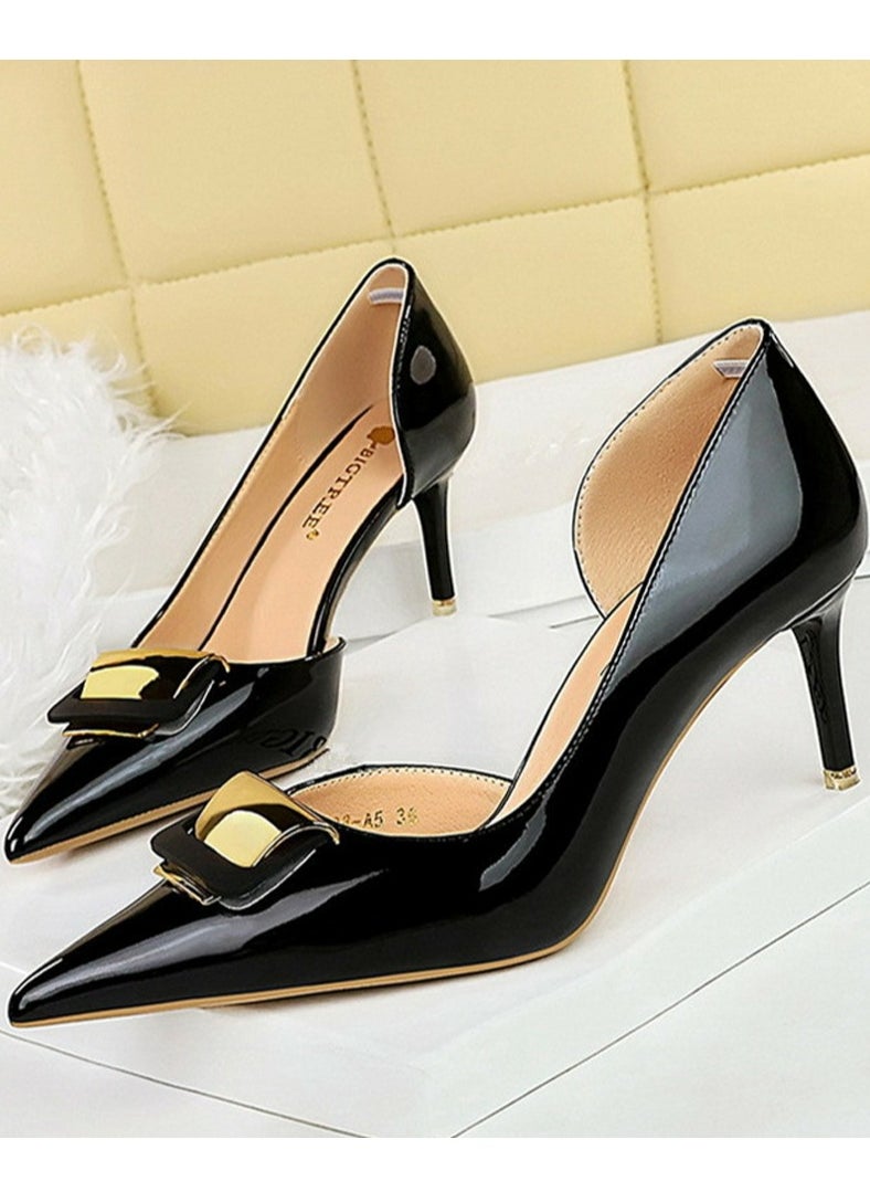 BIGTREE Women's Patent Leather Closed Pointed Toe Stiletto Pump High Heels Black 7.5 CM  - Image 1