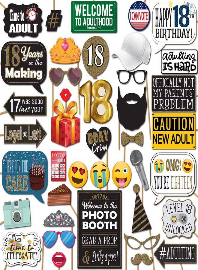 Outside The Booth 18th Birthday Photo Booth Props - 41-pc Photobooth Kit with 8 x 10-Inch Sign, 60 Adhesive Pads, 45 Sticks - 18th Birthday Decorations for Girls and Boys - 18 Photo Booth Props - Image 1