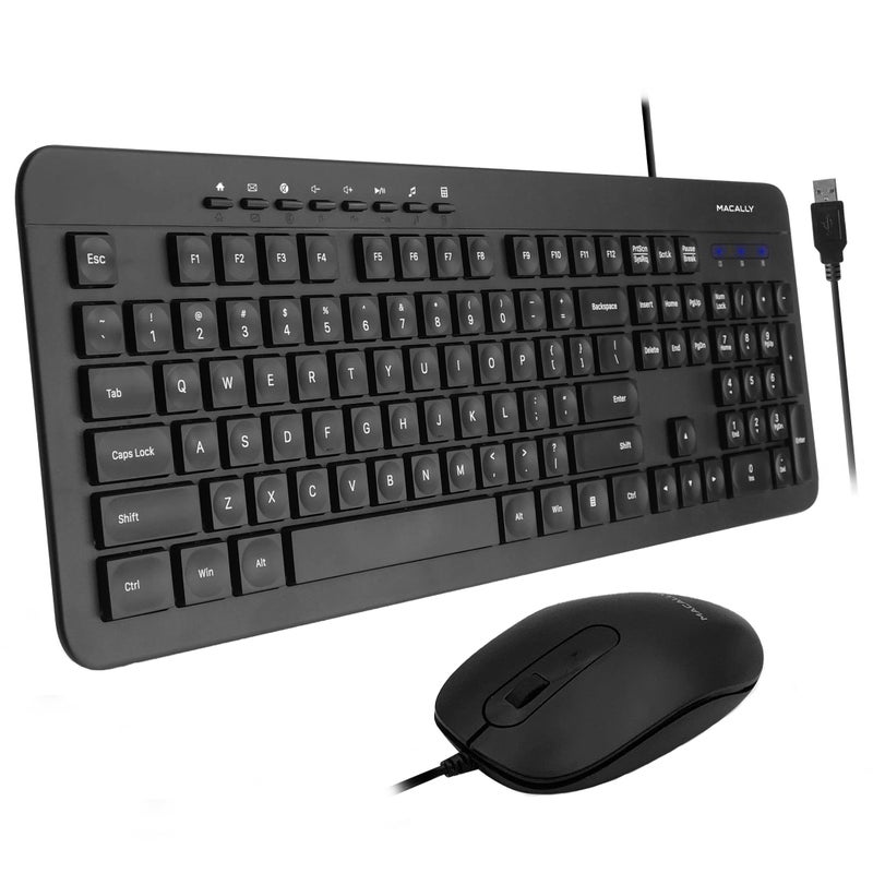 MACALLY Wired Keyboard and Mouse Combo, Macally Slim Full Sized Ergonomic USB Keyboard and Mouse Wired - Quiet Wired Mouse and Keyboard - Wire Corded Keyboard for Laptop and Desktop PC Computer - Image 1