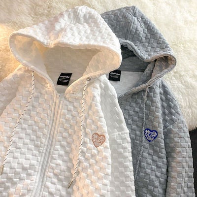 2024 Autumn Hoodie Women Loose Waffle Korean Long Sleeve Cardigan White  - Image 3