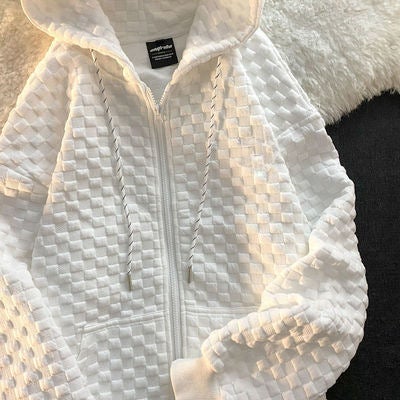 2024 Autumn Hoodie Women Loose Waffle Korean Long Sleeve Cardigan White  - Image 1