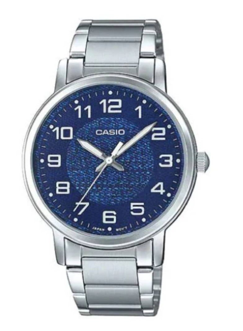 CASIO ساعة يد للرجال من الفولاذ المقاوم للصدأ بقرص أزرق من كوارتر MTP-E159D-2BDF